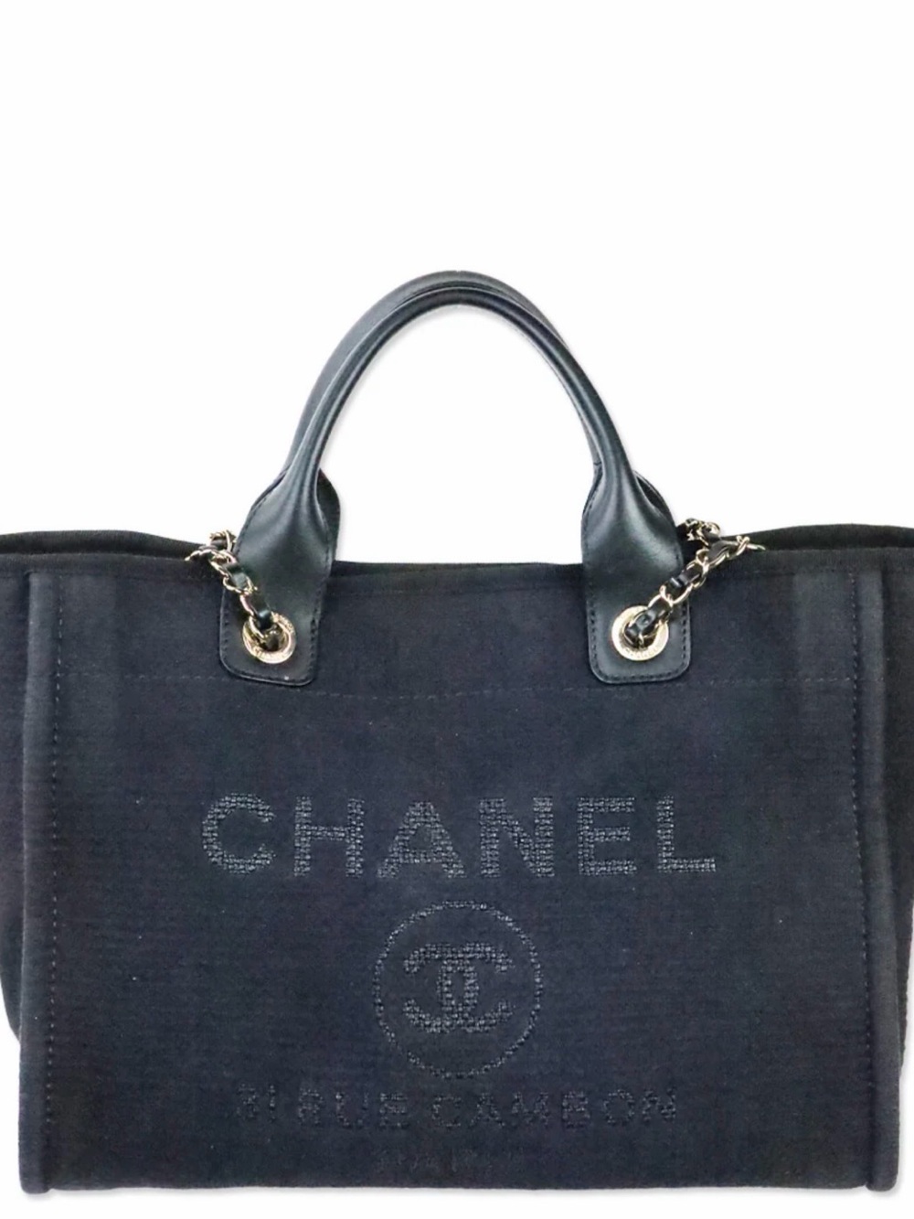 CHANEL Black Canvas Tote with Leather Handles and Gold Chain Accents